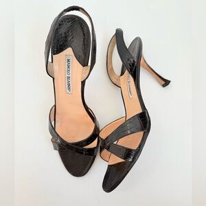 Manolo Blahnik Black Alligator Leather Callasli criss cross slingback heels 42